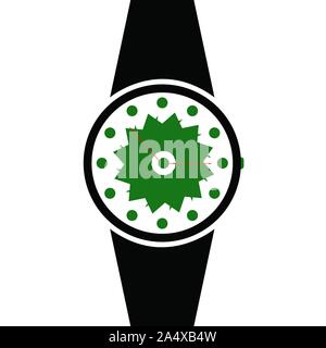 Vector analog clock on a wrist icon. Symbol of time management, chronometer with no arrow. Simple black, white and green illustration isolated on whit Stock Vector