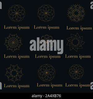 Vector set of logo design templates and emblems in trendy simple linear style in golden colors on black background. ornament Stock Vector