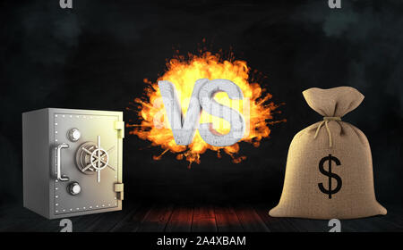 3d rendering of a large letters VS stand flaming between a metal bank safe and a large money bag. Stock Photo