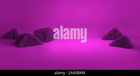 3D rendering of a Purple geometric background for commercial advertising. Purple fur balls. Purple fluffy hairs cube on Purple background Stock Photo