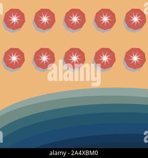 top view beach background with umbrellas, surfing boards and sea. aerial view of summer beach in paper craft style.paper cut and craft style. vector. Stock Vector