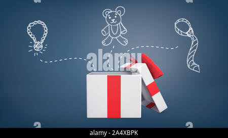 3d rendering of a white and red gift box with an open lid stands near drawings of a necklace, a teddy bear and a necktie. Stock Photo