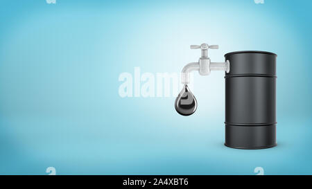 3d rendering of a large black barrel stands with a faucet in its side leaking large oil drops on a blue background. Stock Photo