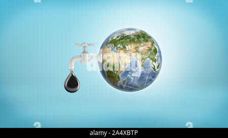 3d rendering of a large Earth globe with a faucet in its side leaking a large oil drop on a blue background. Stock Photo