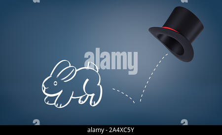 3d rendering of a chalk drawn rabbit jumps out of a magician's hat leaving a dotted line as its trail on a blue background. Stock Photo