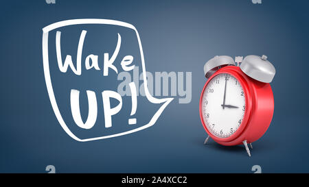 3d rendering of a large red retro alarm clock stands in a side view near chalk drawn words Wake Up inside a speech bubble. Stock Photo