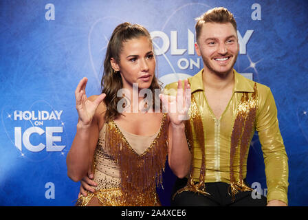 Hamburg, Germany. 16th Oct, 2019. Sarah Lombardi, pop singer, and Panagiotis 'Joti' Polizoakis, figure skater, give an interview to the Holiday on Ice Show 'Supernova'. Credit: Georg Wendt/dpa/Alamy Live News Stock Photo