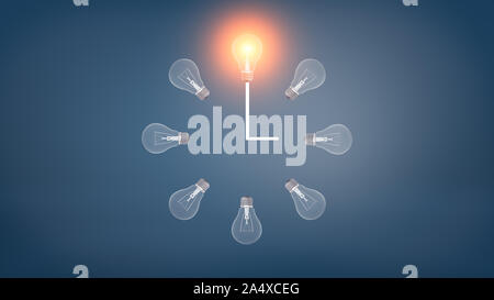 3d rendering of a several incandescent light bulbs arranged in the clock shape with one glowing bulb on the top. Stock Photo