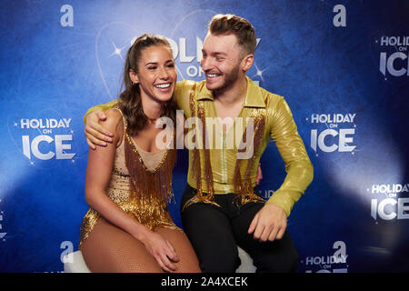 Hamburg, Germany. 16th Oct, 2019. Sarah Lombardi, pop singer, and Panagiotis 'Joti' Polizoakis, figure skater, give an interview to the Holiday on Ice Show 'Supernova'. Credit: Georg Wendt/dpa/Alamy Live News Stock Photo