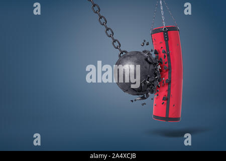 3d rendering of a large iron wrecking ball breaks in pieces when it hits a boxing bag. Stock Photo