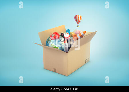 3d rendering of earth globe, a phone, an iron ball, a piggy bank, a dumbbell, a rocket and a clock inside a small cardboard box. Stock Photo