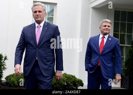 Washington, United States. 16th Oct, 2019. House Minority Leader Kevin McCarthy of California (L) departs the West Wing of the White House with Rep. Michael McCaul of Texas to make remarks to the press, Wednesday, October 16, 2019, Washington, DC. Congressional leaders were meeting with President Trump to discuss the situation in Syria. Photo by Mike Theiler/UPI Credit: UPI/Alamy Live News Stock Photo