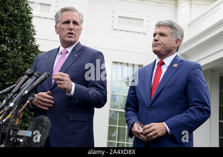 Washington, United States. 16th Oct, 2019. House Minority Leader Kevin McCarthy of California (L) makes remarks outside the West Wing of the White House as Rep. Michael McCaul of Texas listens, Wednesday, October 16, 2019, Washington, DC. Congressional leaders were meeting with President Trump to discuss the situation in Syria. Photo by Mike Theiler/UPI Credit: UPI/Alamy Live News Stock Photo