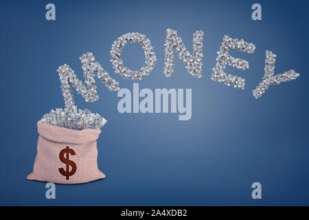 3d rendering of a large bag full of dollar bills near a large word Money made up of many banknotes. Stock Photo