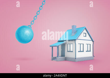 3d rendering of large blue iron wrecking ball ready to hit a small blue family house on a pink background. Stock Photo