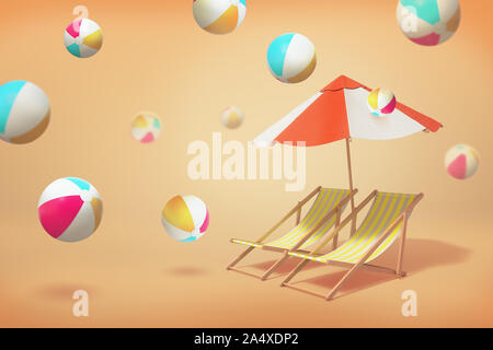 3d rendering of two beach chair lounges standing under an umbrella on a yellow background with many inflated balls jumping around. Stock Photo