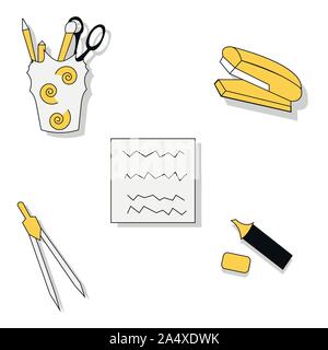 School and education workplace items. Vector flat illustration of school supplies. Isolated school, education workspace accessories on white backgroun Stock Vector