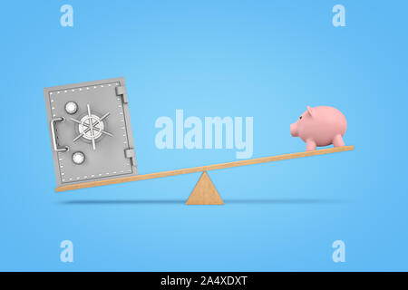 3d rendering of wooden seesaw with a metal safe box overweighing a large pink piggy bank. Stock Photo