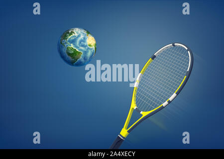 3d rendering of a professional black and yellow tennis racquet ready to return a ball looking like a small Earth globe. Stock Photo