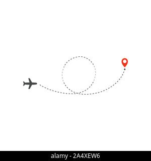 Plane way icon, airplane circle ring path direction and destination red point, logo design template, holiday trip vector illustration template on Stock Vector