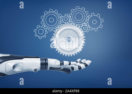 3d rendering of a robot hand with its palm open and ready to catch a light-grey metal cogwheel and unfilled cogwheels of various shapes. Stock Photo