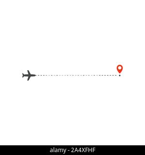 Plane way icon, airplane straight ahead path direction and destination red point, logo design template, holiday trip vector illustration template on Stock Vector