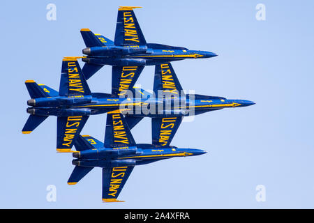 Oct 12, 2019 San Francisco / CA / USA - The Blue Angels flying in formation for Fleet Week airshow; The Blue Angels is the United States Navy's flight Stock Photo
