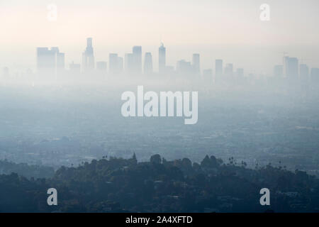 Thick layer of smog and haze from nearby brush fire obscuring the view of downtown Los Angeles buildings in Southern California.   Shot from hilltop i Stock Photo