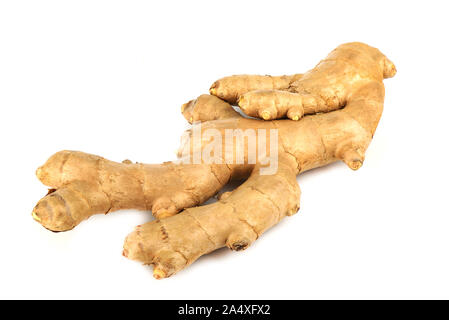 Fresh ginger root over a white background.  Close up. Copy space. Stock Photo