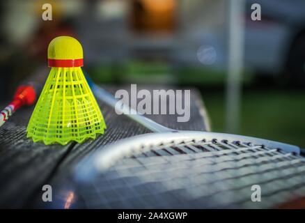 Badminton Racquet Sport. A Shuttlecock With a Plastic Skirt. Campsite Games. Sport Theme. Stock Photo