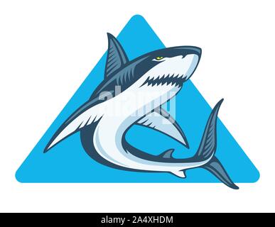 Angry shark in blue triangle, vector illustration. Mascot or logo template. Stock Vector
