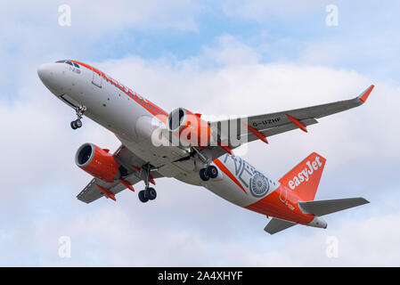 easyJet Airbus A320 NEO jet airliner plane G-UZHF taking off at London Southend Airport, Southend on Sea, Essex, UK Stock Photo