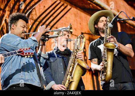Saxophonists, trumpet with Nathaniel Rateliff & the Night Sweats, plus Micah Nelson, performing live at Farm Aid, in East Troy, Wisconsin, USA Stock Photo