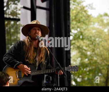 Lukas Nelson, son of Willie Nelson, and his band Promise of the Real, performing country rock music live, at Farm Aid, in East Troy, Wisconsin, USA Stock Photo