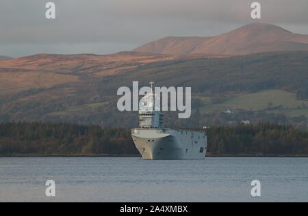 FS Tonnerre (L9014), a Mistral-class amphibious assault ship operated by the French Navy, at anchor off Greenock after Exercise Griffin Strike 2019. Stock Photo