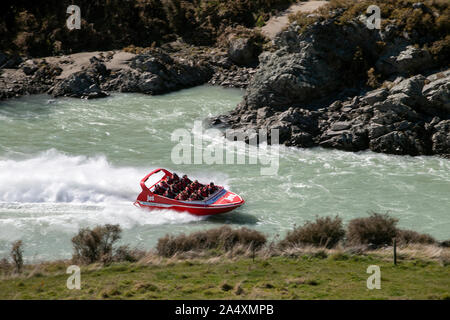 Jet boat on Waiau River, Hanmer Springs, New Zealand Stock Photo