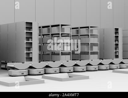 Line of Autonomous Mobile Robots in modern warehouse. 3D rendering ...