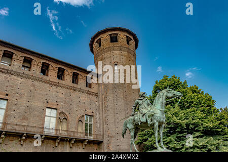 The brick tower of Acaja Castle at the rear of the Palazzo Madama in Turin ,Italy Stock Photo