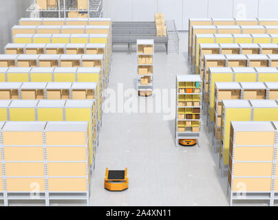 Autonomous Mobile Robots delivering shelves in distribution center. Intelligent logistics center concept. 3D rendering image. Stock Photo