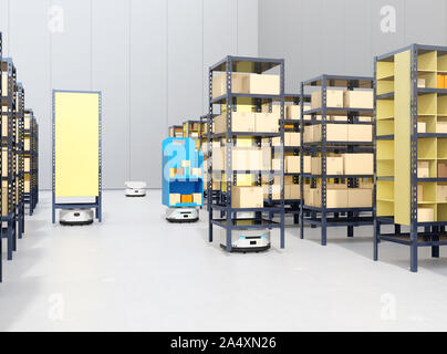 Autonomous Mobile Robots delivering shelves in distribution center. Intelligent logistics center concept. 3D rendering image. Stock Photo