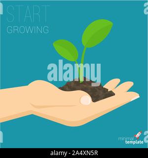 hand holding soil with growing sprout. Stock Vector