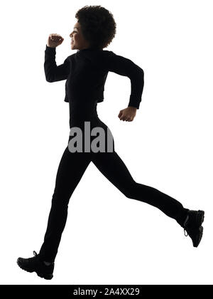 one mixed race african young teenager girl woman  running smiling in studio shadow silhouette isolated on white background Stock Photo