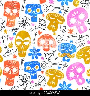 Day of the dead skull seamless pattern, funny watercolor skeleton smiley faces and colorful mexican culture icon background. Stock Vector