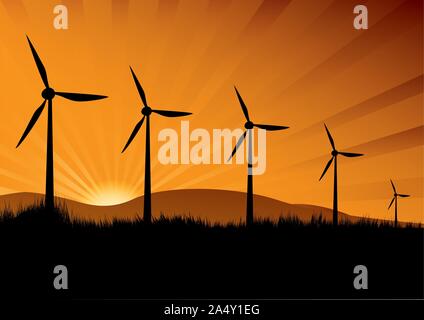 wind turbine in the sunset with sun rays Stock Vector