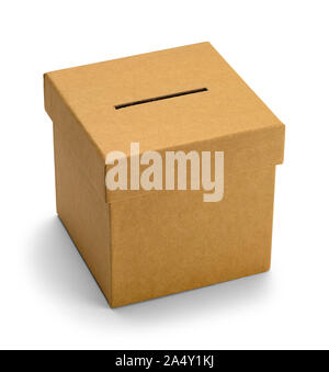 Small Brown Square Ballot Voting Box Isolated on White Background. Stock Photo