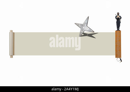 Shuriken, scroll and ninja Stock Photo