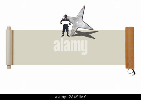 Shuriken, scroll and ninja Stock Photo