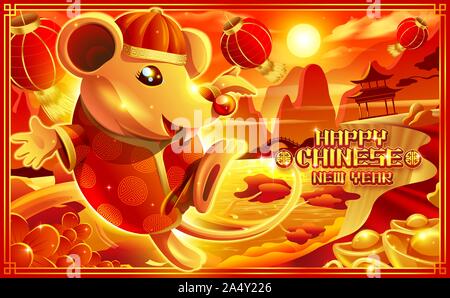 A cartoon illustration of the rat in Chinese dress jumping happily near the cliff with Chinese scenery in red tone. Chinese new year. The year of rat. Stock Vector