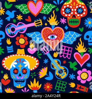 Day of the dead seamless pattern with traditional mexico culture icons in colorful flat cartoon style. Mexican holiday background for festive event. Stock Vector