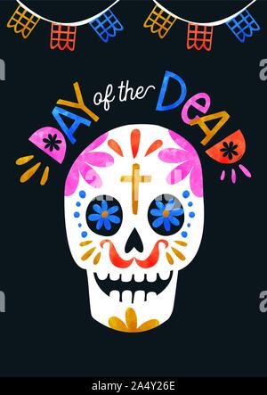 Day of the dead greeting card, colorful watercolor sugar skull with traditional mexican decoration. Stock Vector